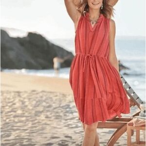 Sundance Adley Striped Gauze Cotton Dress Rusty Coral Sleeveless Tiered Size PL